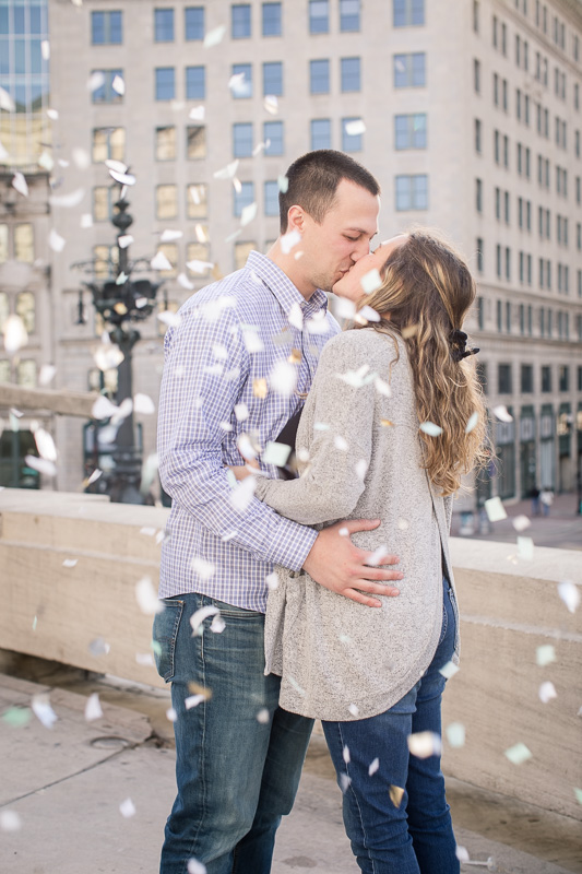 proposal picture with confetti in downtown Indianapolis 